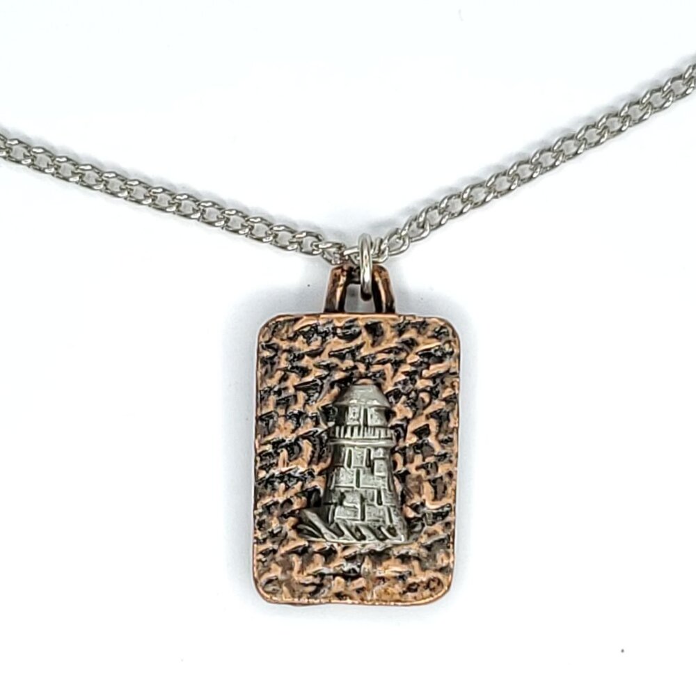 Vintage Lighthouse Necklace Pendant Copper Silver Tone FORT 1979 18" 1" X 1/2"